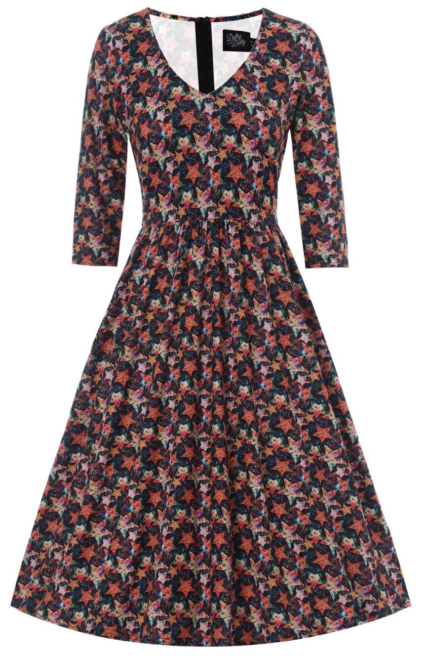 Dolly and Dotty Unique Vintage Billie Black Orange Stars Midi Flared Dress 12